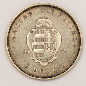 Numismática, Hungria. Moeda de 2 Pengo Prata 10g 27mm. Comemorativos 300 anos do aniversário da Fundação Universitária Pasmany. Escassa.