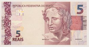 Numismática, Brasil. Cédula de 5 Reais série AA 01993 1967 escassa Flor de Estampa.