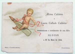 Colecionismo - Cartão de comunicação de Nascimento ( 22/05/2918) de Ilton Callado Caldeira - Um dos fundadores da AABB  de Florianópolis SC 