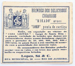 Colecionismo - Figurinha de Cigarro - BRINDE dos deliciosos Cigarros MIKADO / LORD - Lopes Sá & Cia - Rua Municipal 36 - Rio de Janeiro