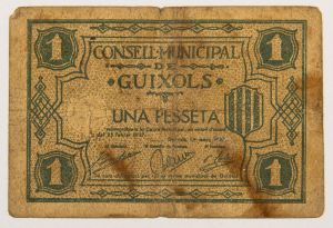 Numismática, Espanha. 1 Peseta - De Guixols - Rara. 1937.