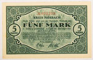 Numismática, Alemanha. Período Inflacionário. 5 Marcos. Mosbach 1918. Flor de estampa.