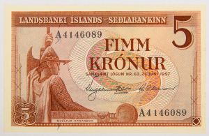 Numismática, Islândia. 5 Kronur 1957. Flor de estampa.