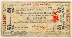 Numismática, Filipinas. 5 Cents 1942. Emergencial II Guerra. Cidade de Bacolod.