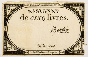 Numismática, França. Assignat de Cinq Livres.
