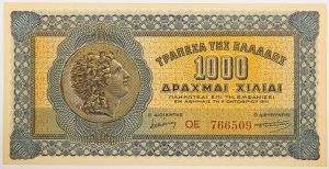 Numismática, Grécia. 1000 Drachmas 1941. Plena II Guerra. Lindo exemplar.
