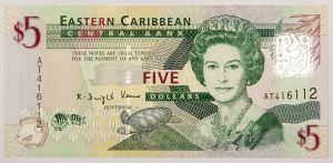 Numismática, Caribe. 5 Dollars. Flor de estampa.