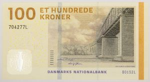 Numismática, Dinamarca. 100 Kroner. Flor de estampa.