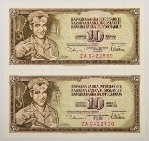 Numismática, Iugoslávia - 10 Dinara (2 cédulas Flor de Estampa Reposição) Replacement.