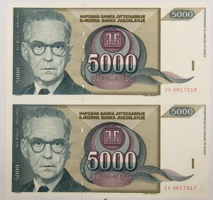 Numismática, Iugoslávia - 5000 Dinara (2 cédulas Reposição Flor de Estampa Série Z)Replacement. 