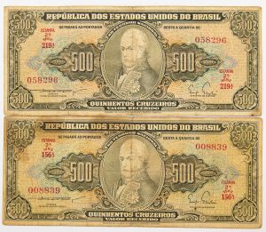 Numismática Brasil - 2 cédulas 500 Cruzeiros C-100