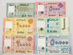 Numismática Líbano - 6 peças Flor de Estampa. Inclui 50.000 e 100.000 livres.
