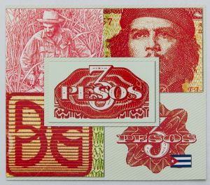 Numismática, Cuba 3 Pesos Guevara em folder impresso no Brasil Cédula de 2004