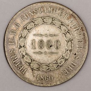 Numismática, Brasil. 3º Sistema 1000 Reis. Prata. 1860.