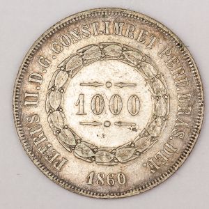 Numismática, Brasil. 3º Sistema 1000 Reis. Prata. 1860.