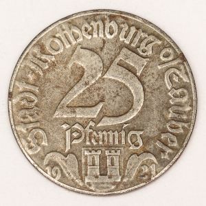 Numismática. Magnífica peça proveniente de coleção adquirida na Alemanha. Notgeld.  25 Pfennig Rothenburg
