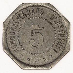 Numismática. Magnífica peça proveniente de coleção adquirida na Alemanha. Notgeld. 5 Pfennig Ochsenfurt Pequena comunidade da Baviera