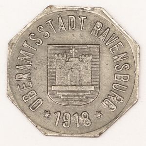 Numismática. Magnífica peça proveniente de coleção adquirida na Alemanha. Notgeld. 50 Pfennig 1918 Ravensburg