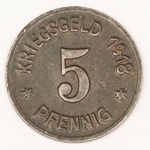 Numismática. Magnífica peça proveniente de coleção adquirida na Alemanha. Notgeld. Kriegsgel 1918 5 Pfennig Oels Alta Cotação