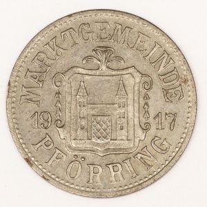 Numismática. Magnífica peça proveniente de coleção adquirida na Alemanha. Notgeld. 50 Pfennig 1917 Pförring Bavária