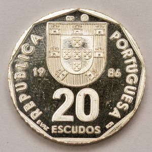 Numismática, Portugal. 20 Escudos 1986 em Prata 999 contrastada 16g.