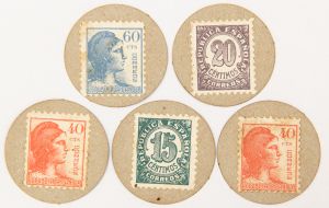 Numismática, Espanha. Moeda Provisional lastreada com selo devido a falta de moeda circulante. 1937. 5 peças. 35mm