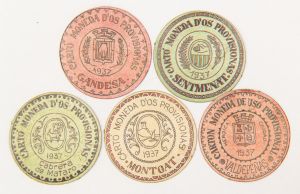 Numismática, Espanha. Moeda Provisional lastreada com selo devido a falta de moeda circulante. 1937. 5 peças. 35mm