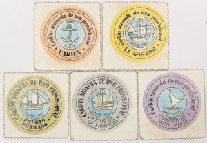 Numismática, Espanha. Moeda Provisional lastreada com selo devido a falta de moeda circulante. 1937. 5 peças. 45mm.