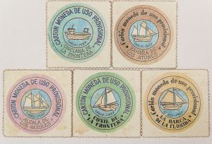 Numismática, Espanha. Moeda Provisional lastreada com selo devido a falta de moeda circulante. 1937. 5 peças. 45mm