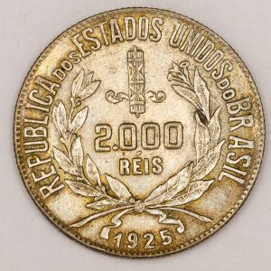 Numismática, Brasil. 2.000 Réis 1925. Sob/Flor. Prata.