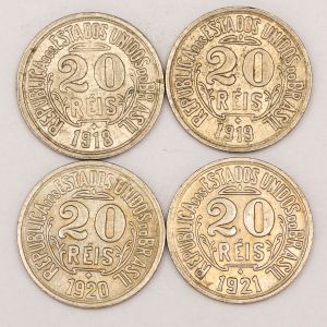 Numismática, Brasil. 20 Réis 1918, 1919, 1920, 1921. Lindas.