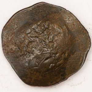 Numismática, Império Bizantino. Aspron Trachy de Bronze.  Classificação do antigo proprietário. Aconselhando análise apurada. 
