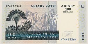 Numismática, Madagascar. Cédula de 100 Ariary (500 Francos) 2004 P-86a FE