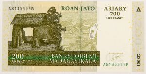 Numismática, Madagascar. Cédula de 200 Ariary (1000 Francos) 2004 P-87a FE