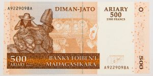 Numismática, Madagascar. Cédula de 500 Ariary (2500 Francos) 2004 P-88a FE