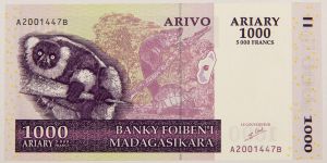 Numismática, Madagascar. Cédula de 1000 Ariary (5000 Francos) 2004 P-89a FE
