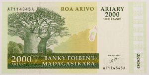 Numismática, Madagascar. Cédula de 2000 Ariary (10000 Francos) 2003 P-83a FE