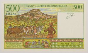 Numismática, Madagascar. Cédula de 500 Francos 1995 P-75b FE