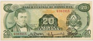 Numismática, Honduras. Cédula de 20 Lempiras 1977 P-60i