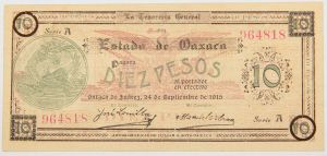 Numismática, México. Cédula de 10 Pesos 1915 P-S957b.1. Serie A SOB/FE