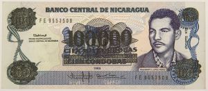 Numismática, Nicarágua. Cédula de 100 Mil Córdobas 1985 P-159A FE