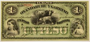 Numismática, Argentina. Cédula de 1 Peso Boliviana 1869 P-S1782 FE