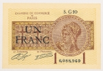 Numismática, França. Cédula provisional de 1 Franco 1919 - 1922 SOB / FE