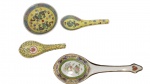 Lote com 4 peças em porcelana chinesa composto de 1 bowl  e 3 colheres .Medindo bowl  4 x 10 cm , 2 colheres 14 cm e colher maior 22 cm