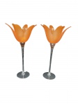 Par de floreiras em murano italiano haste translucida e bojo laranja leitosa. Altura 39 cm