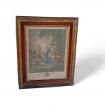 Antiga gravura francesa, por René Gaillard (1719-1790- Gravura colorida francesa intitulada LE BERGER  RÉCOMPENSÉ, representando cena pastoral galante em estilo rococó. A composição retrata jovem pastor reclinado tocando instrumento de cordas, acompanhado por figura feminina em trajes do século XVIII, em ambiente campestre com vegetação, animais e paisagem ao fundo.Medindo 55 x 40 cm