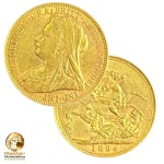 Reino Unido, Moeda de 1 Libra 1894 - Ouro 22k - 0.917 - 7.97g - 22 mm - Km# 785 - Recunho não reconhecido como autentico (Falsa de época) - Rainha Victória - São Jorge e o Dragão