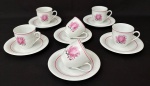 LIMOGES FRANÇA - Jogo de seis xícaras para café em pasta de porcelana francesa LIMOGES BERNARDAUD TULIPIER, adornadas com tulipas. Acompanha seus respectivos pires.