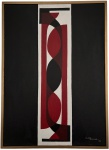 IRACY CARISE  Contraponto  Interioridade II. Obra em acrílica sobre tela, linguagem geométrica e abstrata, com composição vertical marcada por formas curvas e sobreposições em tons de vermelho, preto e branco. Estrutura rigorosa, equilíbrio cromático e forte senso de ritmo visual. Assinada e datada 1987, com título identificado no verso. Peça representativa da abstração brasileira, de caráter elegante e colecionável. Proteção de moldura comacabamento em ouro velho. Mede 59 x 42 cm.