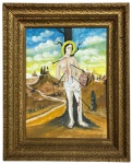 HOLMES NEVES (1925 / 2008) Óleo sobre tela representando São Sebastião, figura central em paisagem simbólica, com tratamento ingênuo-expressionista, cores vivas e composição narrativa. Obra de forte carga simbólica e caráter devocional, assinada, emoldurada em rica moldura dourada de época. Medida da obra 40 x 30 cm. Medida total 51 x 41 cm.